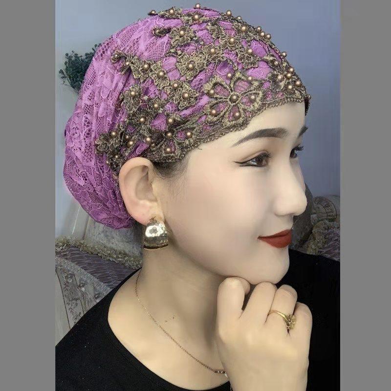 Spring/Summer Women s Beaded Lace Square Dance Hat  Headscarf Adjustable Elastic