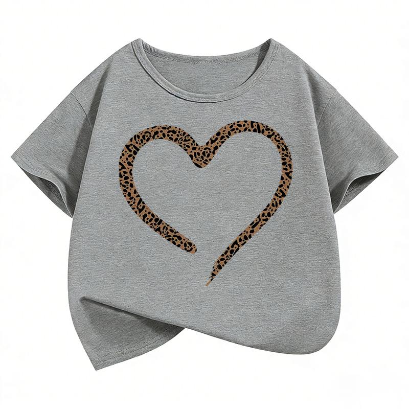 T-shirts Mode Imprimé Léopard Cœur d'Amour Y2k Enfants T-shirt Garçons Filles Été Printemps Haut Décontracté T-shirt