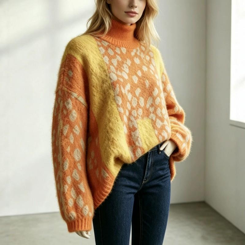 Damen Oversize Leopard Muster Strickpullover Lockerer Sitz Hoher Kragen Langarm Herbst Winter Oberteil