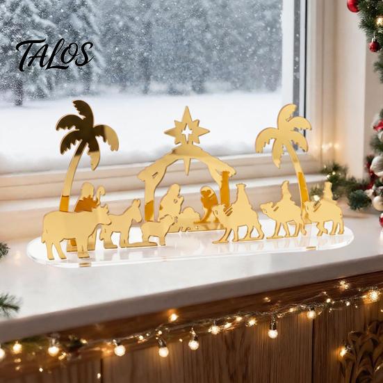 Reusable Holiday Display Christmas Acrylic Ornament, Mirrored Golden Silhouette Scene, Decorative Festive Desktop for Living Room Fireplace