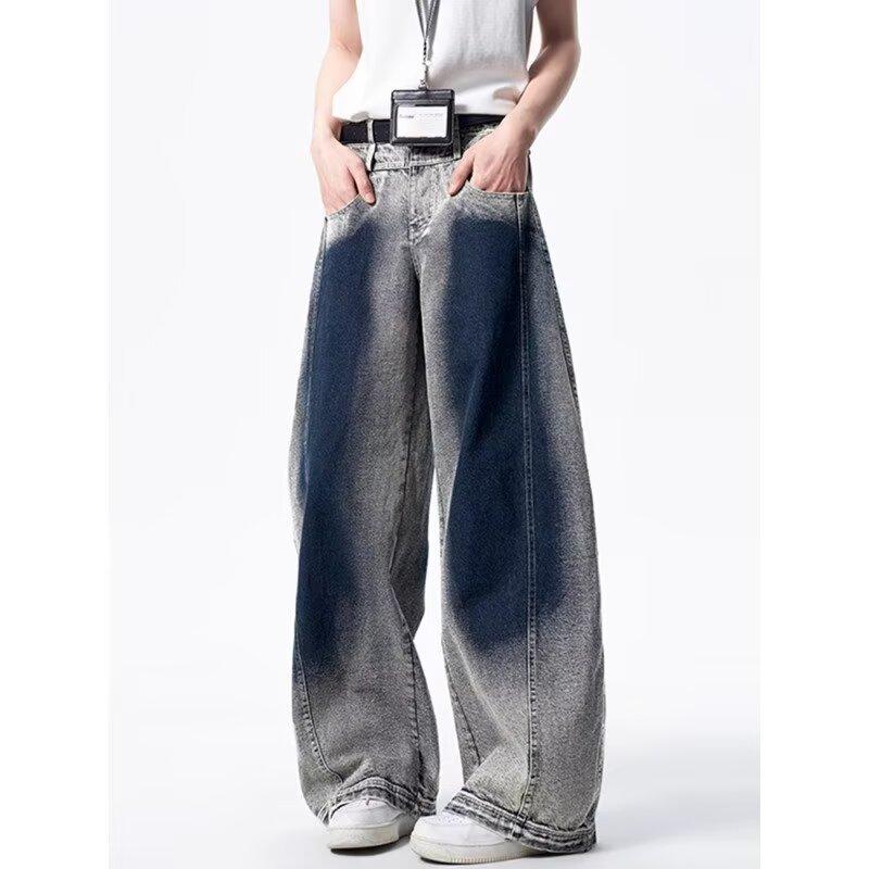 Tie-dye gradual change retro blue scimitar jeans American high street vibe pants men straight slightly wide leg casual pants
