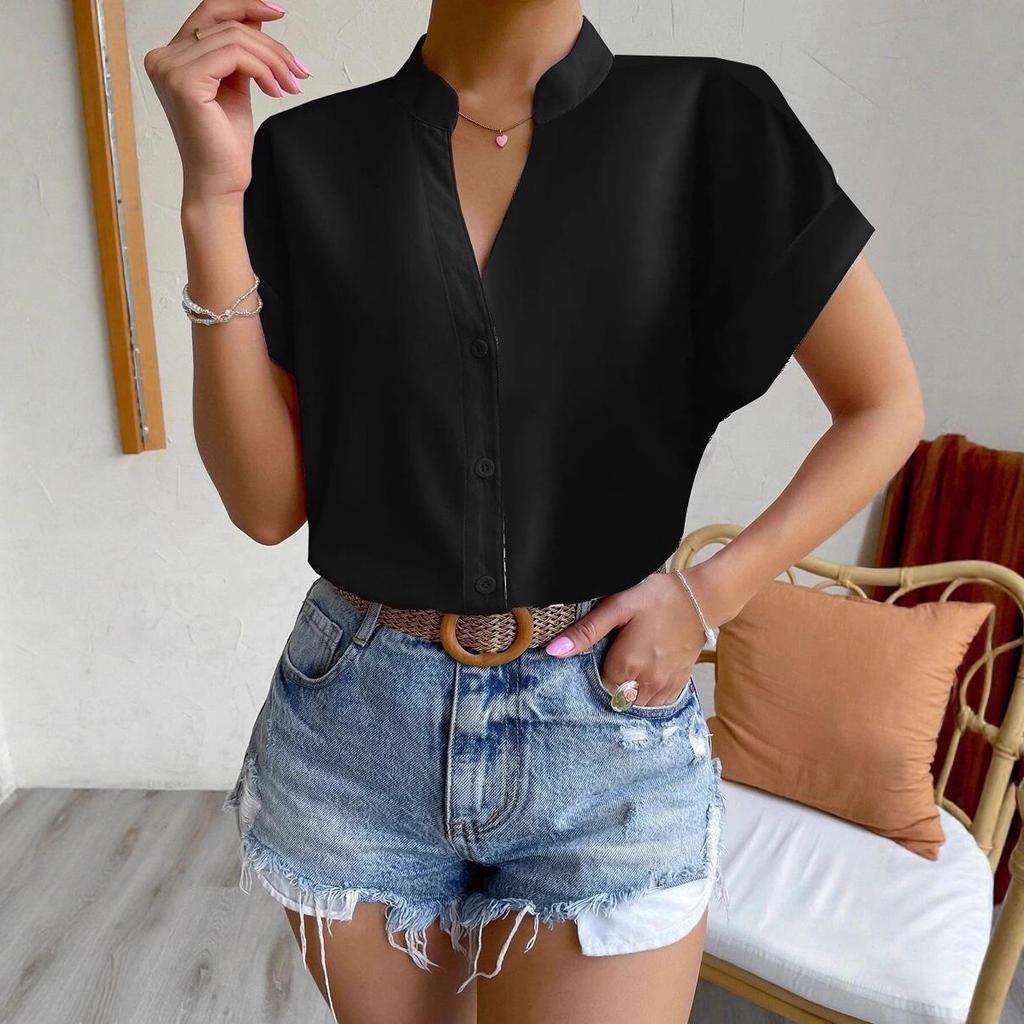 Women Solid Folds PU Leather Button Turn Down Collar Bodycon Working Black Blouse Tops