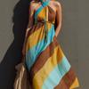 Sommer neues Urlaubs-Kontrastfarben-Streifen-Halskleid, Taillengürtel großes Schwingkleid Damenbekleidung