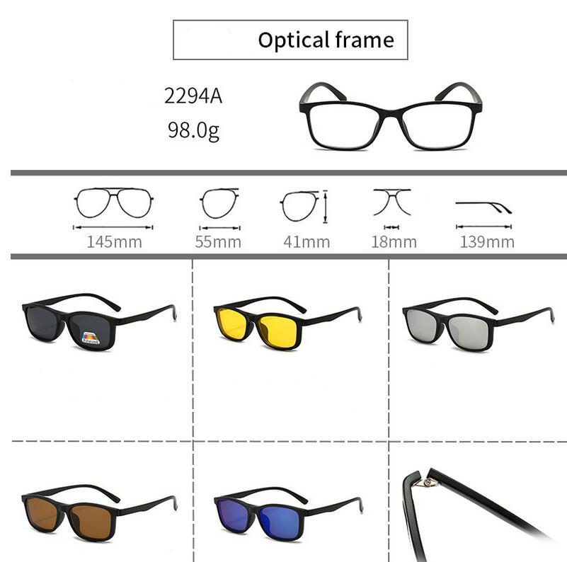 Magnetisk Klemme Firkantet Nærsynthet Solbriller Menn Kvinner Med 5 Clip-On Solbriller Polarisert Briller med Styrke 0 -0.5 -0.75 Til -6.0