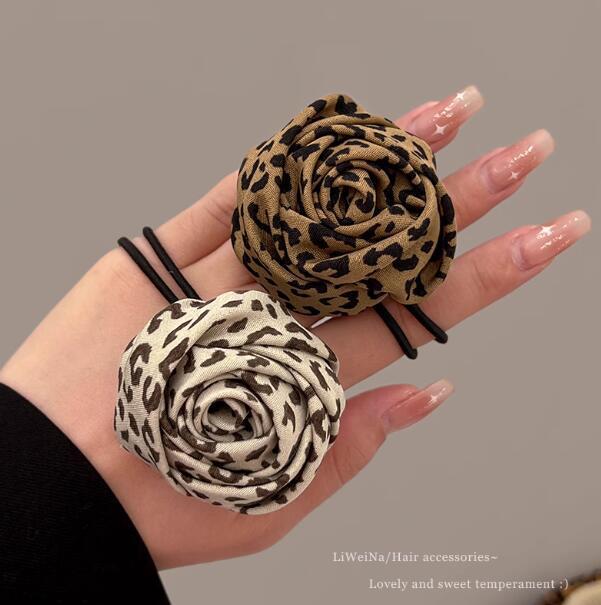 Temperament Leopard print Rose flower hair band Women's low ponytail hair rope Rubber band headdress