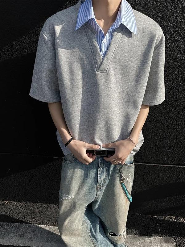 Men's Casual Layered Look Shirt Collar Short Sleeve Tee Summer New Style Loose Fit Designer Top