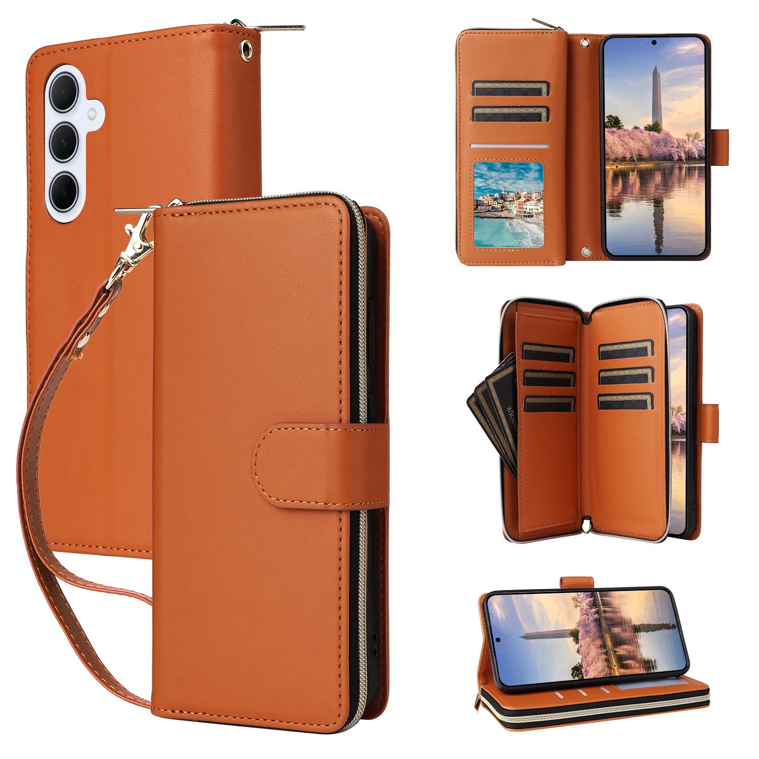 

R20 For Samsung Galaxy A35 5G Case PU Leather Zipper Phone Cover with 2 Straps Brown