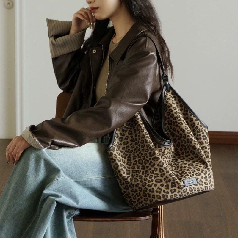 Leopard print canvas tote bag for women Korean fashion cotton fabric hobo bags large shoulder shopping bag
