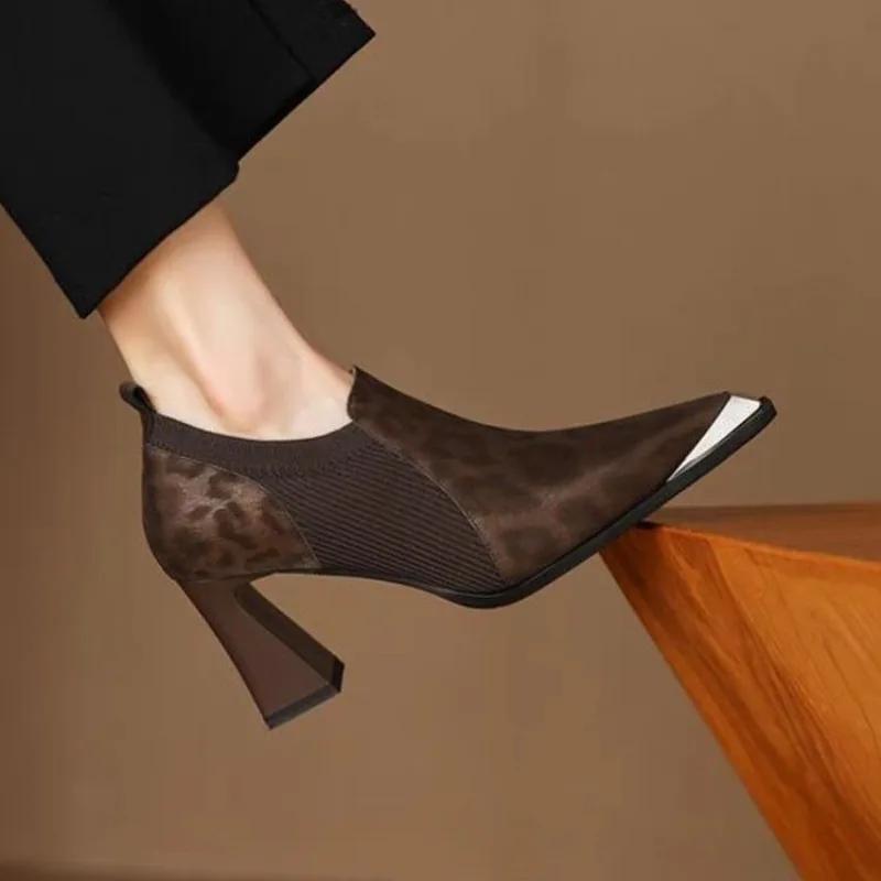 Leopard Print Block Heel High Heels Women Spring and Autumn New Soft Leather Metal Pointed Toe Deep Mouth Single Shoes