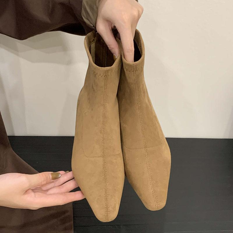 Mode Eilyken Winter Hohe Qualität Reißverschluss Damen Stiefeletten Spitzschuh Niedrige Absätze Vintage Freizeitschuhe