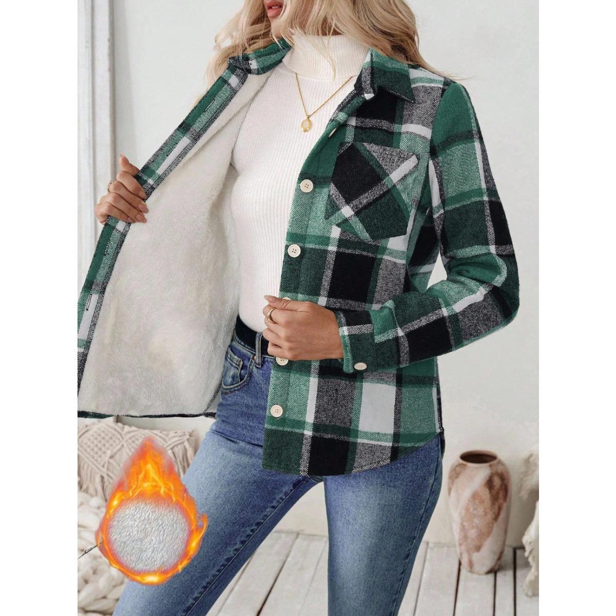

Женская, Плюшевая, Теплая Рубашка, На Пуговицах, Лацкан, Карман, Клетчатый Топ, Повседневная Рубашка L зелёный