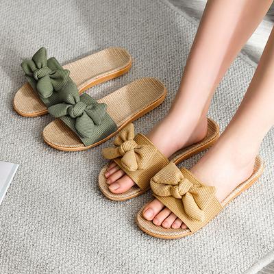 Bowknot Household Cool Linen Slippers Women Summer Indoor Non-slip Resistance Couples Home Slippers Shoes Women