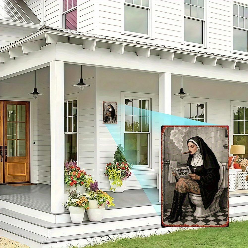 Retro Metal Poster: Funny Smoking Nun Bathroom Decor | 8x12in Easy Install Catholic Gift