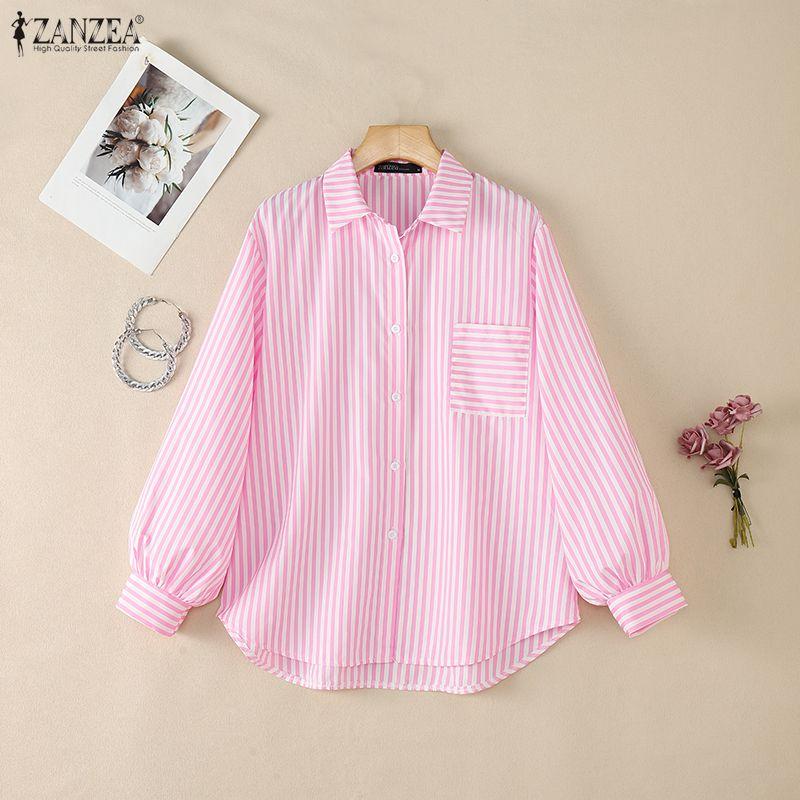 ZANZEA Women Casual Turn Down Collar Long Sleeve Stripe Blouse