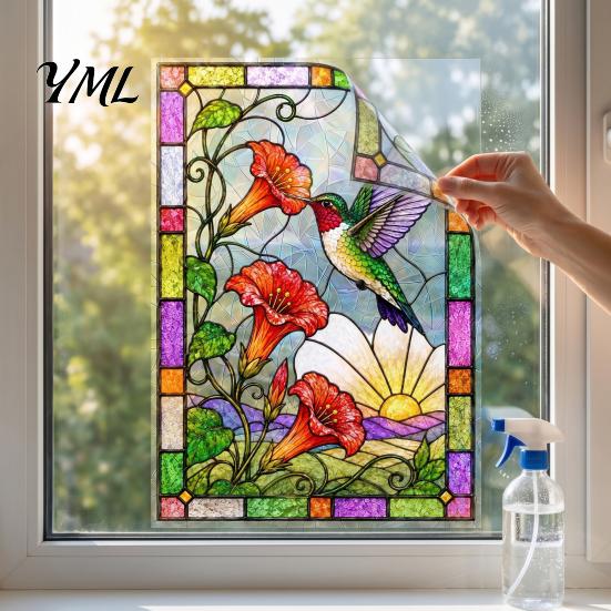 Static Decorative Window Film Stained Glass Clings, Hummingbird Flower Stickers, Removable No Glue Decal PVC Decals for Home Door Sunroom Privacy