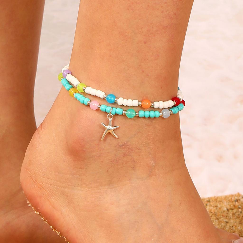 Bohemian Beach Anklet Set, Multi-Layer Beaded & Shell Charm Ankle Bracelets with Starfish, Turtle, Tassel Details