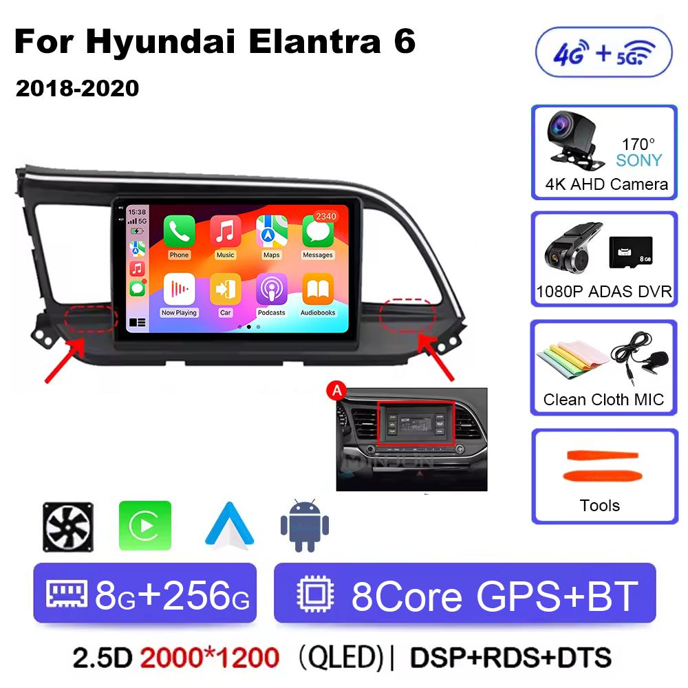 For Hyundai Elantra 6 2018 2019 2020 Car Radio Multimedia Video GPS Android 14 Wireless Apple Carplay QLED Screen Head Unit