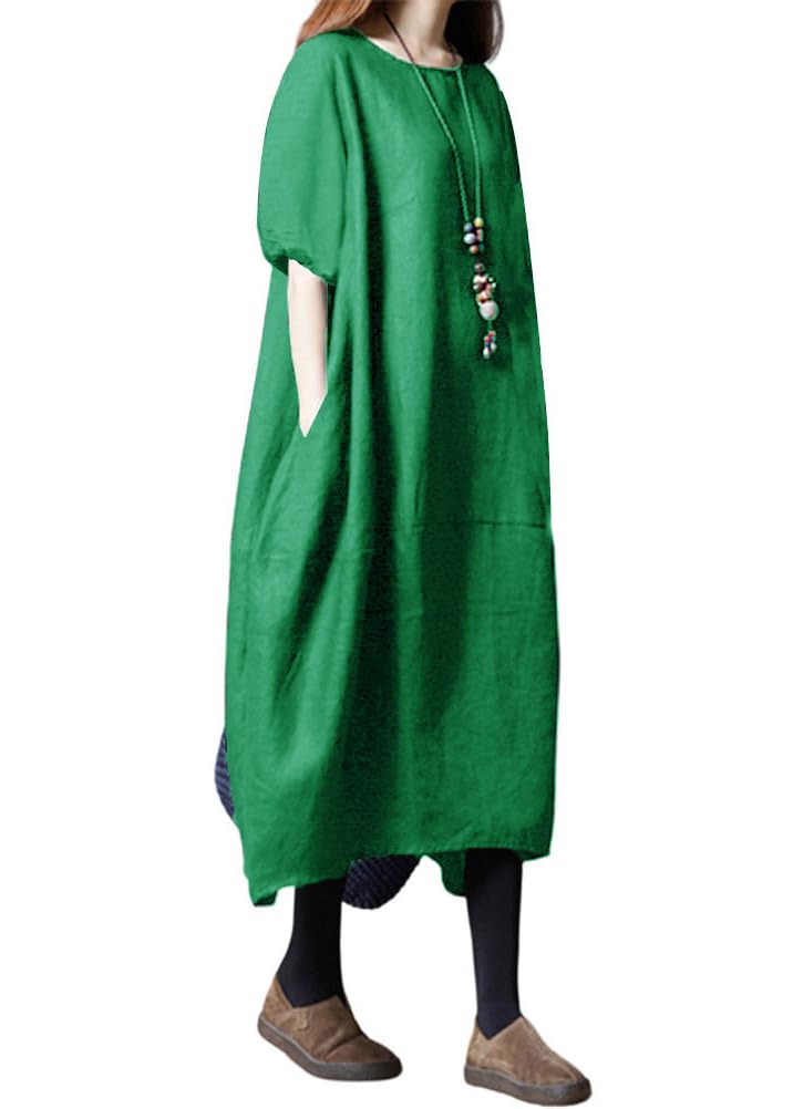 

Minesam Short Style Cocoon Flattering for Summer Women s Cotton-Linen Dress, Long, Sleeve, Cotton-Linen Dress, (01 Green, XL)