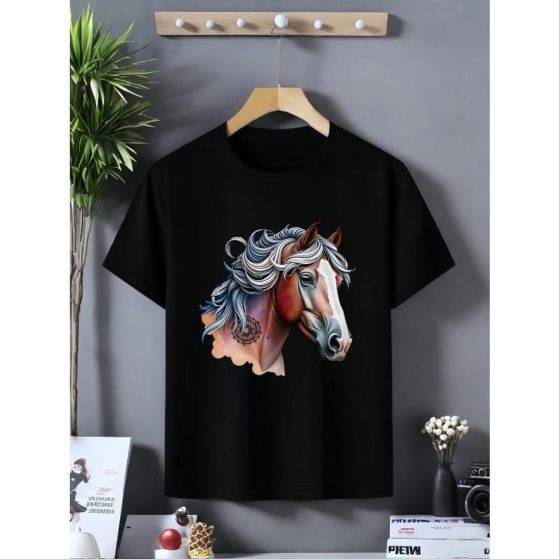 

European sizes The Round-Neck T-Shirt Features a Beautiful Horse Head Design, Suitable for Children 164cm чорний