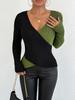 2025 Elegant V-neck Color Block Knitted Sweater - Women's Autumn/Winter Long Sleeve Top