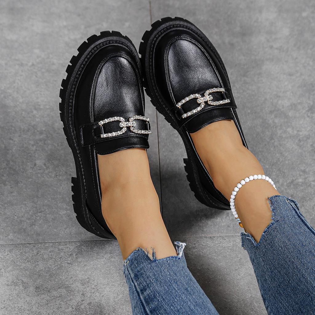 Large Size Small Leather Shoes Women's Spring and Autumn Thick-soled British Women's Shallow Mouth Rhinestone Buckle Single Shoes Women