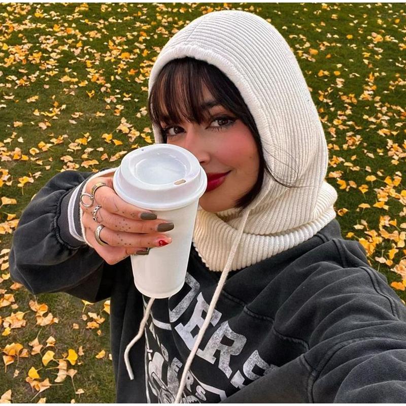 Ear Protection Hat One-piece Ladies Solid Color Knitted Warm Hat Multi-color Optional Hooded Scarf Autumn and Winter New Hat