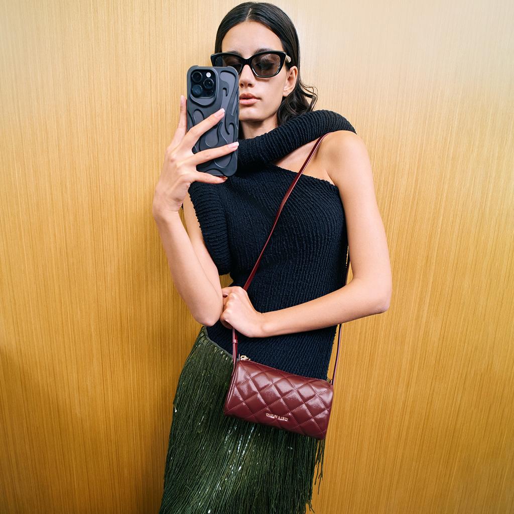 Charles & Keith Quilted Small Square Bag Evening Party Annual Meeting PU Crossbody Shoulder Bag Small Women bags Burgundy Champagne CK2-20701600-A
