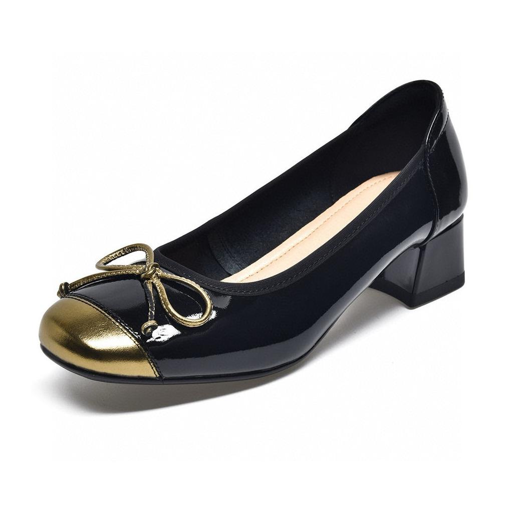 Round head high heels women's 2024 autumn new color matching bow middle heel ballet shoes Korean version commuter small single shoes