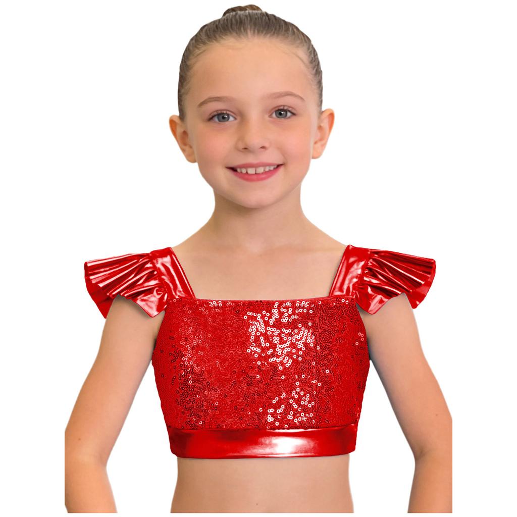 Dětské dívčí topy na jazzový tanec Čtvercový výstřih Volánkové rukávy Třpytivý flitrovaný metalický crop top