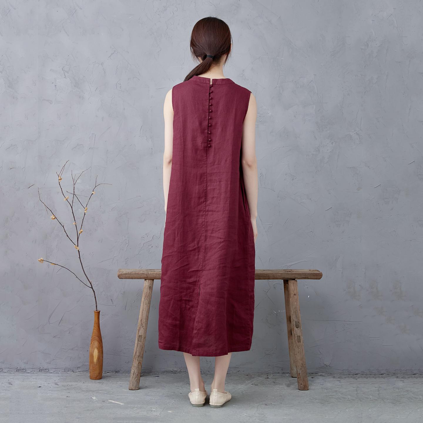 

Actual Shot Temperament Sleeveless Burgundy Linen Dress: Women s Half High-Neck, Suitable for Spring, Summer, Autumn M