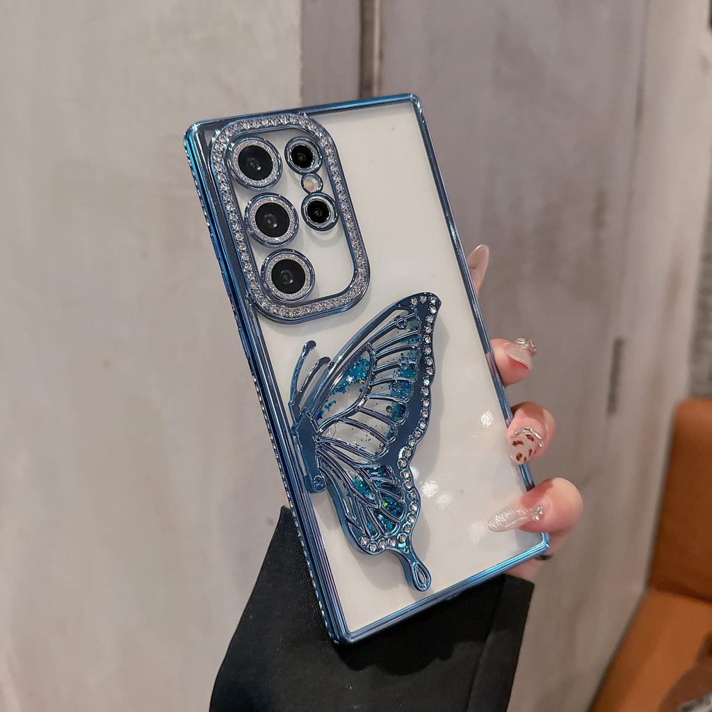 Suitable for Samsung S25ULTRA Electroplated Rhinestone Frame Glitter Butterfly Stand Mobile Phone Case A55 Full Inclusive Lens Film
