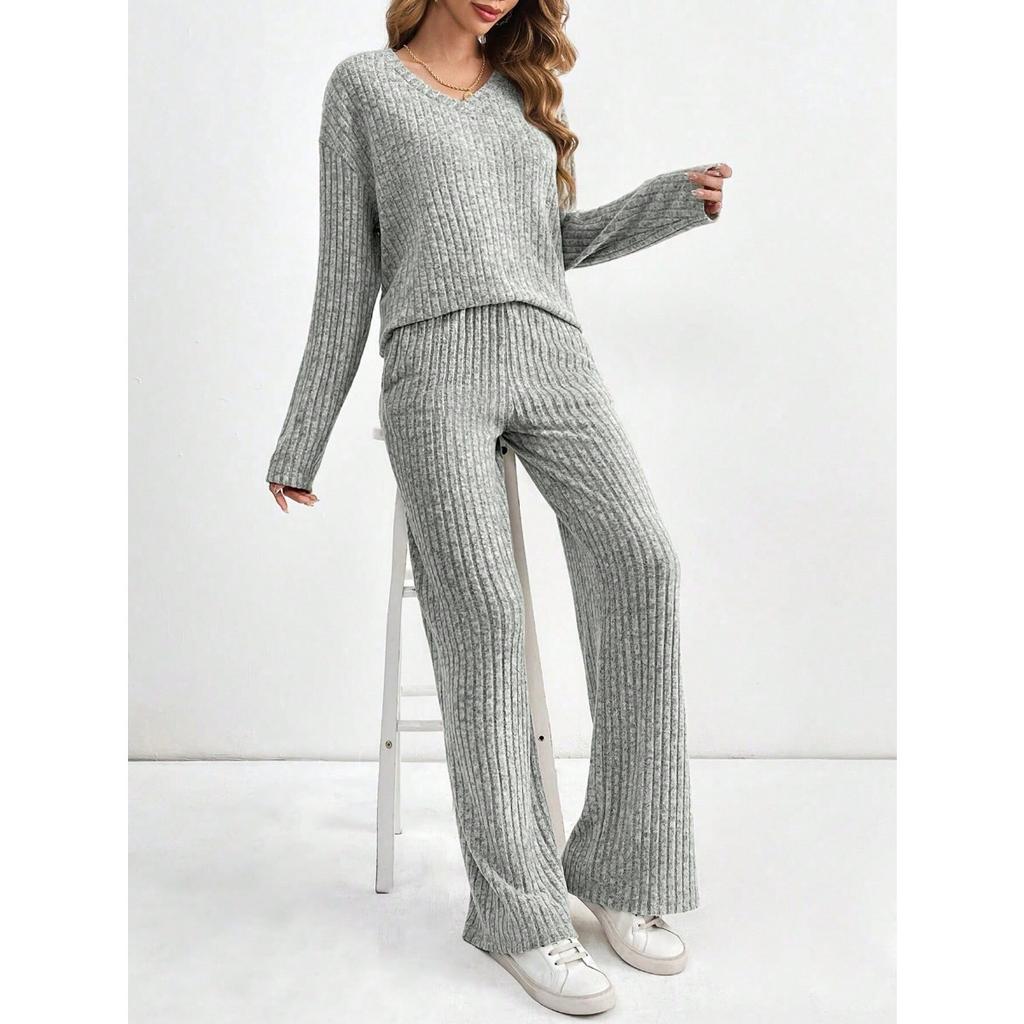 Conjunto de Ropa para el Hogar Casual de Moda para Mujer Otoño e Invierno con Rayas de Piqué y Arenado, Conjunto para Mujer Otoño e Invierno