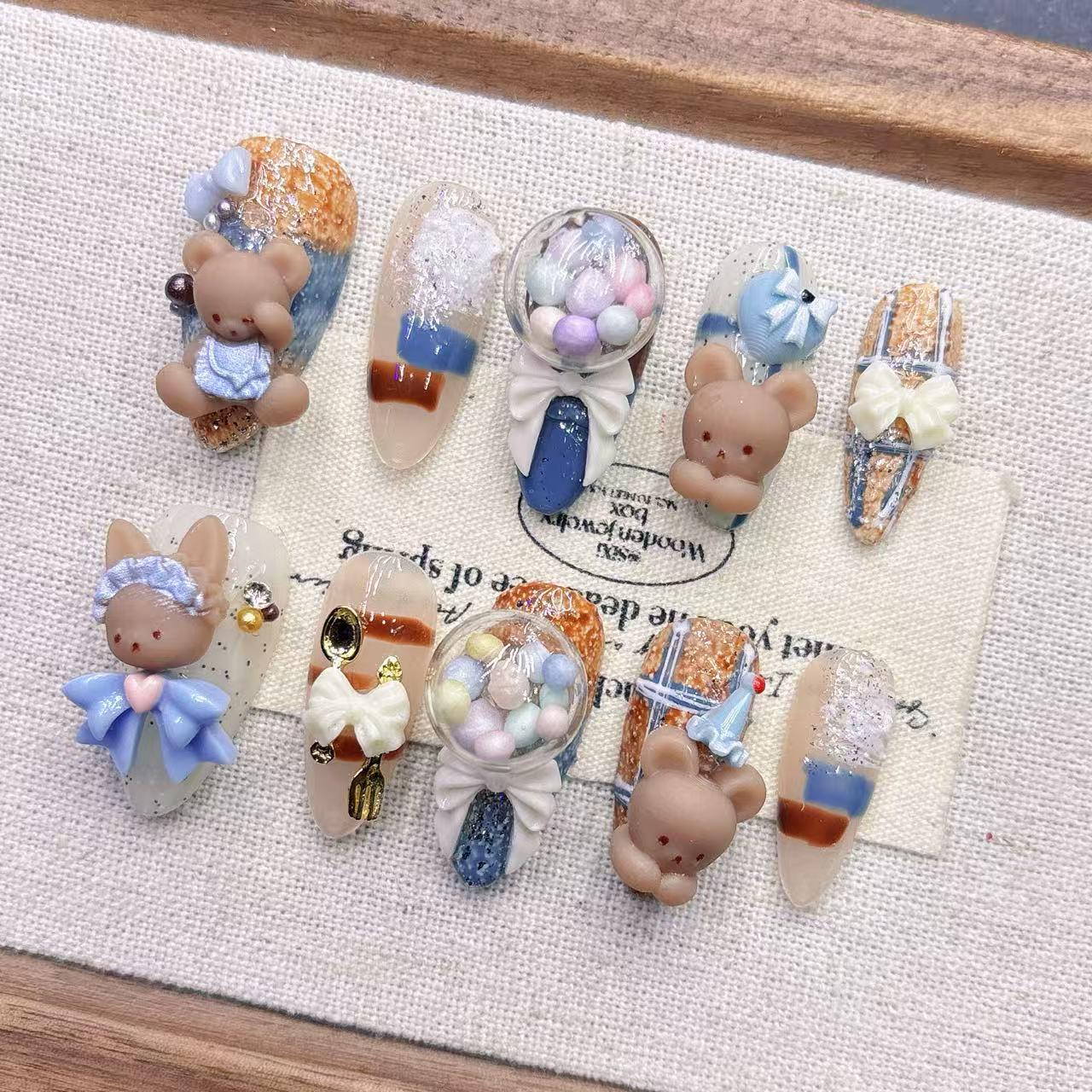 Coffee-Colored Handmade Almond Fake Nail Tips - Cute Little Bear Design