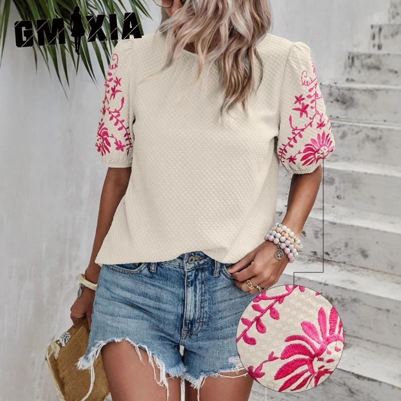 

GMXIA Women s Fashion Casual Leisure Summer Solid Color Print Short Sleeve O-Neck Blouses & Shirts XXL абрикосовий