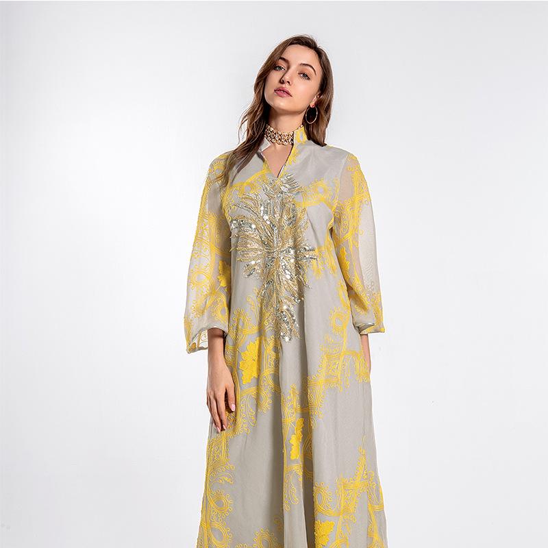 AB114 Middle Eastern Ethnic Style Sequin Burnout Abaya Evening Dress for Women