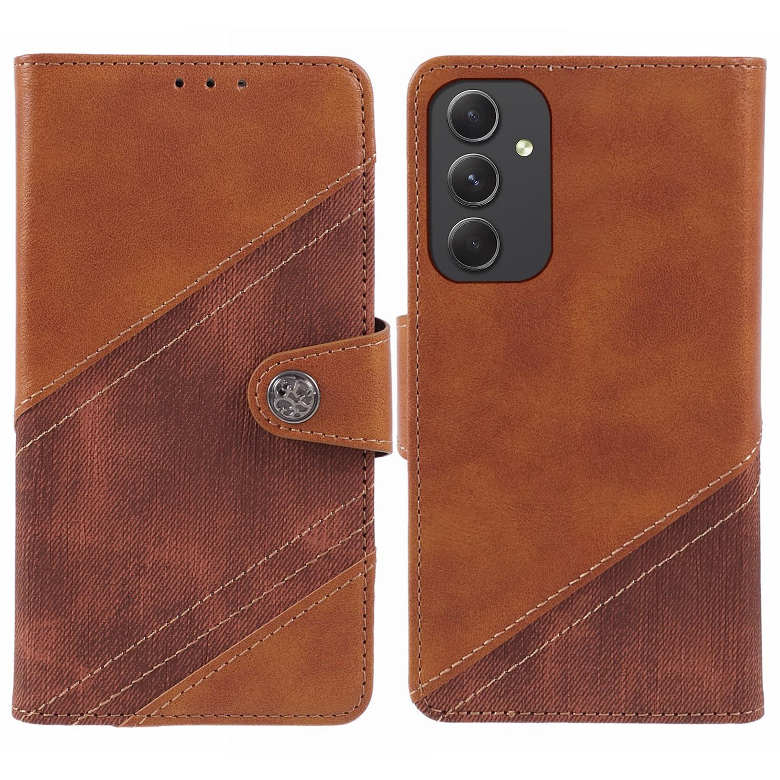 

For Samsung Galaxy S24 FE Case Texture Splicing Leather Flip Phone Cover Brown