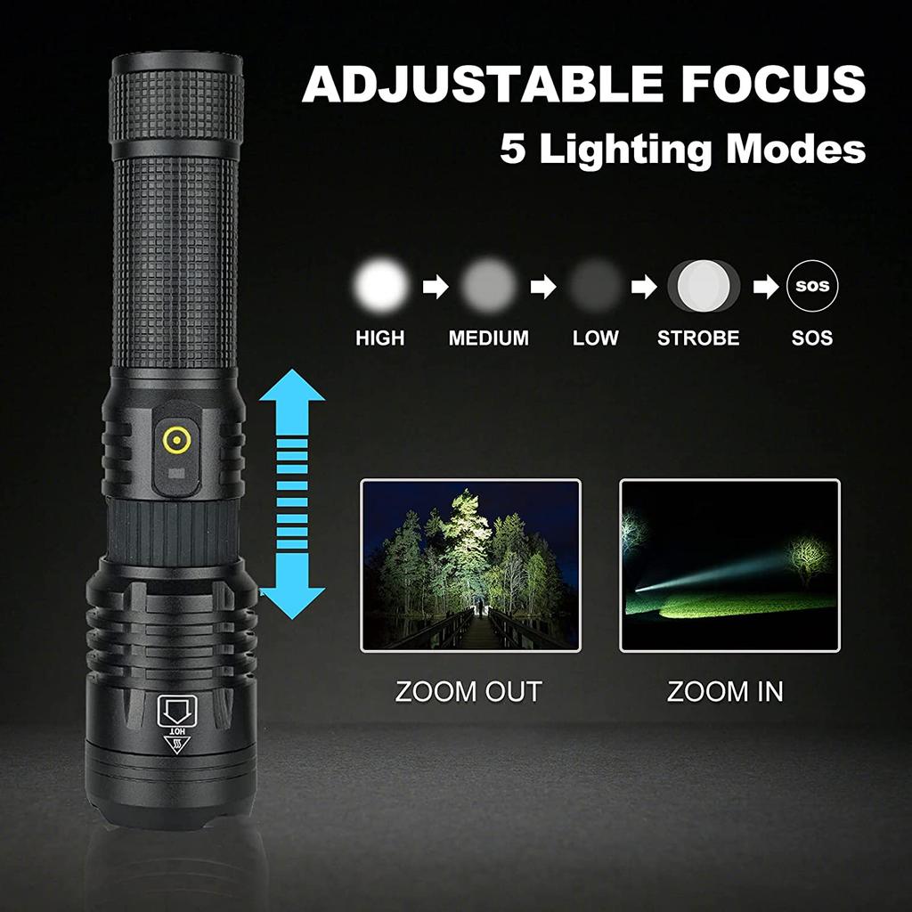 D2 90000 Lumens Rechargeable LED Tactical Flashlight 5 Modes Adjustable Focus 18650 26650 AAA Rechargeable Torch Light Lantern