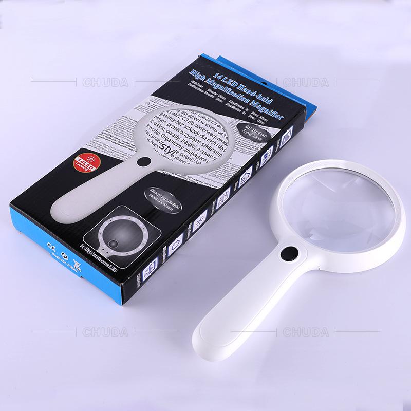 Handheld Magnifying Glass 120Mm Large Diameter Reading 14 Led Light Comfortable Handle Design