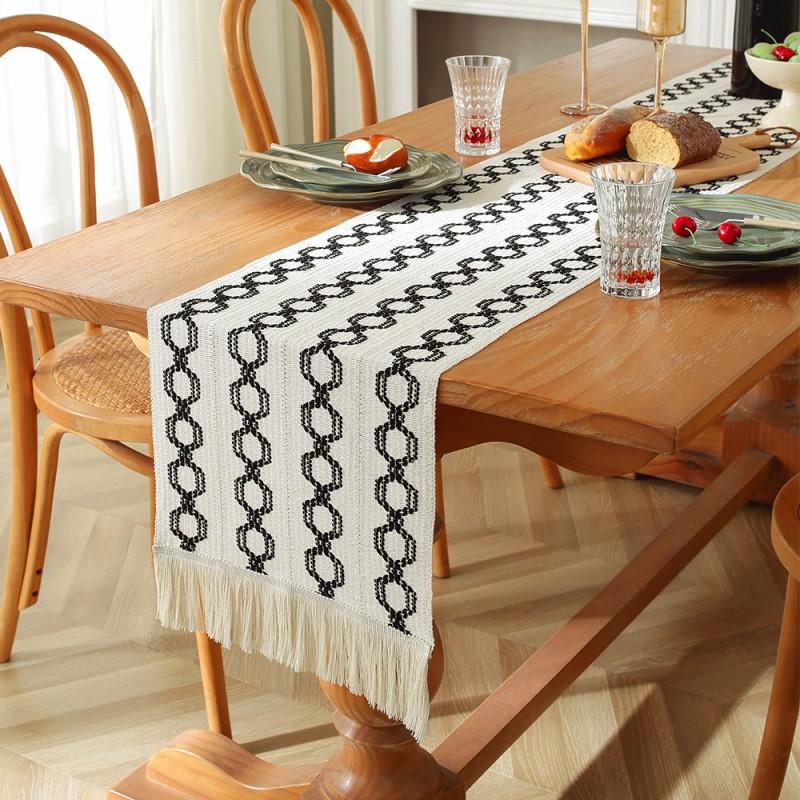 Cotton Linen Table Runner With Striped Patchwork Design Tassel Trim Modern Minimalist Long Cover Dining Room