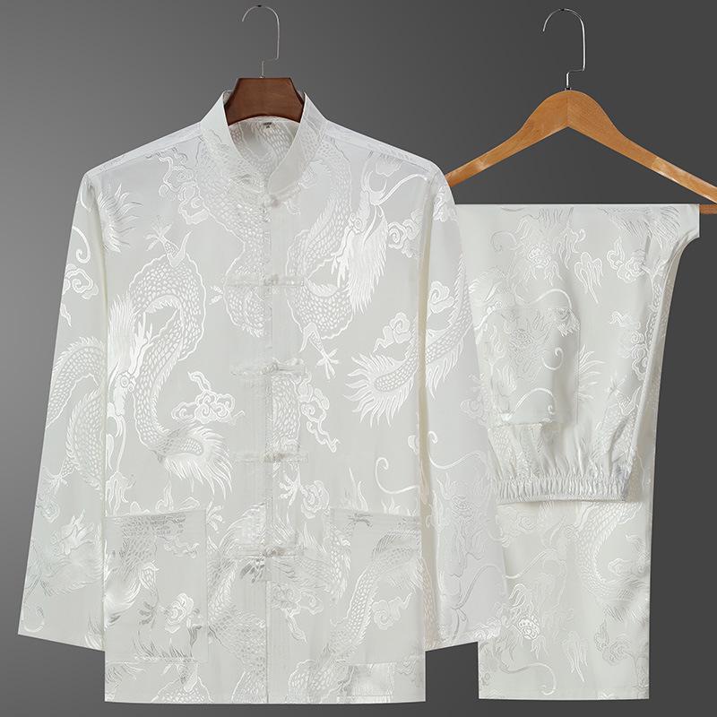 Men's Retro Ice Silk Long-Sleeved Tang Suit for Spring/Summer - Middle-Aged & Elderly Hanfu Tai Chi Outfit