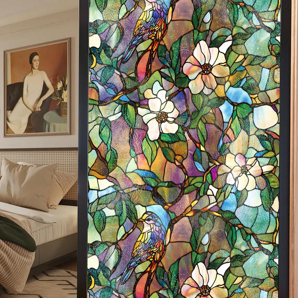 Double-sided Colored Window Privacy Film, Stained Glass Decorative Static Cling, Removable Laser Sun Blocking Vinyl Covering