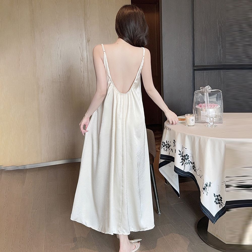Original Acetic Acid Long Dress Double Pocket with Chest Pad Large Leak Back Nightdress Women's Suspender Summer Solid Color Vacation Style Loungewear