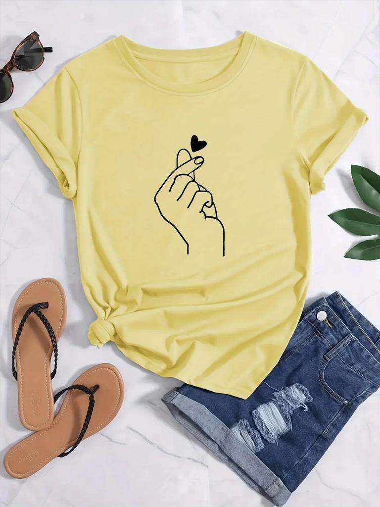 Finger Heart Print Unisex T-shirt Short Sleeve Crew Neck Casual Top for Summer & Spring WoUnisex Clothing Female TopsTees