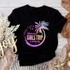GIRLS TRIP Coconut Tree Print Round Neck T-shirtFashionable Summer Vacation Top For Women