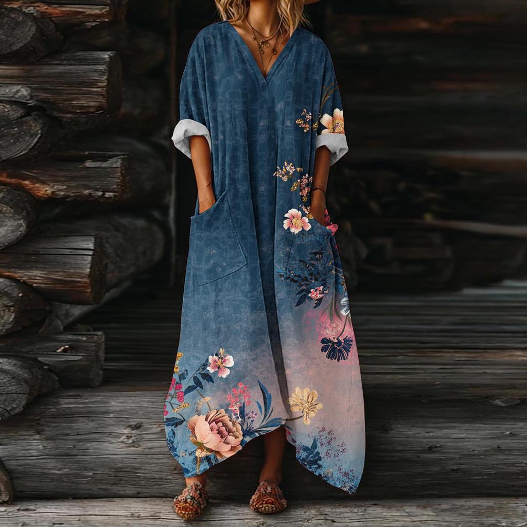 Damesjurk, casual, zwierige jurk met V-hals, vakantiejurk, boho-jurk, strandjurk, zomerjurk