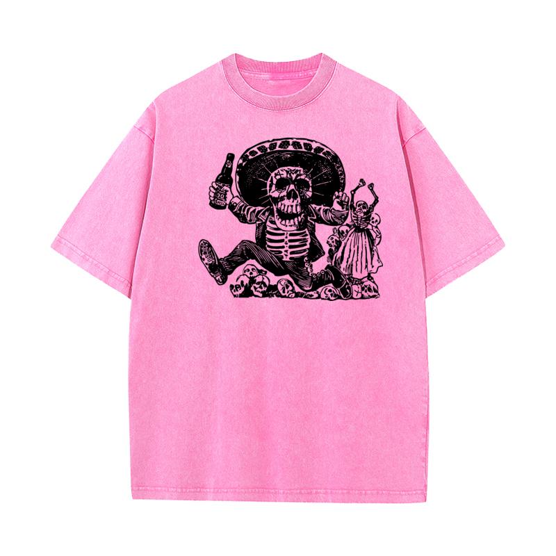 Family Youth Washed T Shirt Funny Skeleton Outdoor Tees Pure Cotton Short Sleeve Printed Washed Tee Shirt O Neck