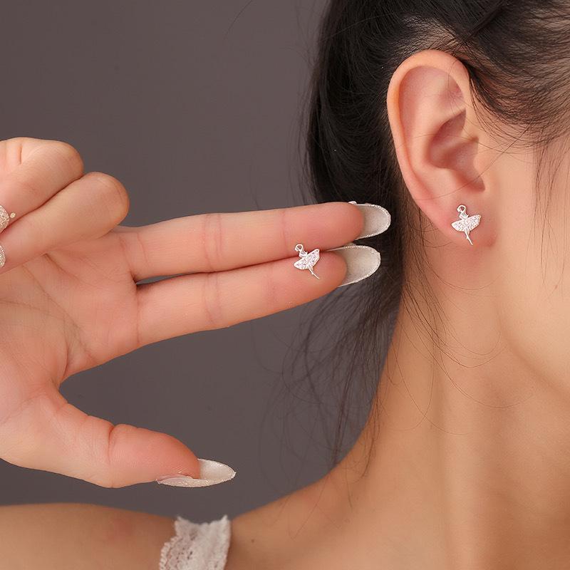 S925 Sterling Silver Ballerina Girl Stud Earrings - Elegant, Exquisite, Full Diamond Design