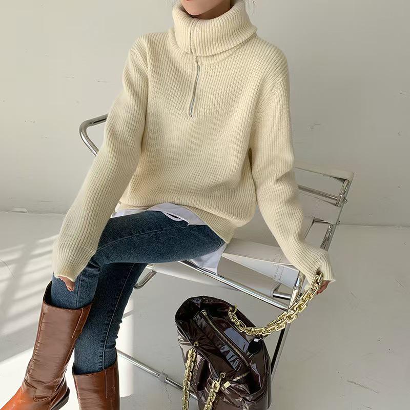 Autumn Loose Solid Color Half-Zip Knit Sweater with Turn-Down Collar for Women