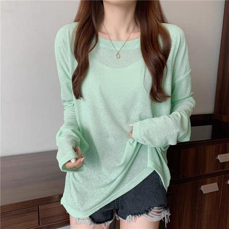 Summer Solid Long Sleeve T-shirts Women's Casual Loose Thin Slightly Transparent Sun Protection Cover Tops Tees Female