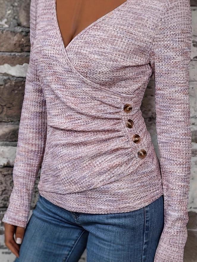 

European American Women s V-Neck Long Sleeve Casual Top - Elegant Cinched Waist L розовый